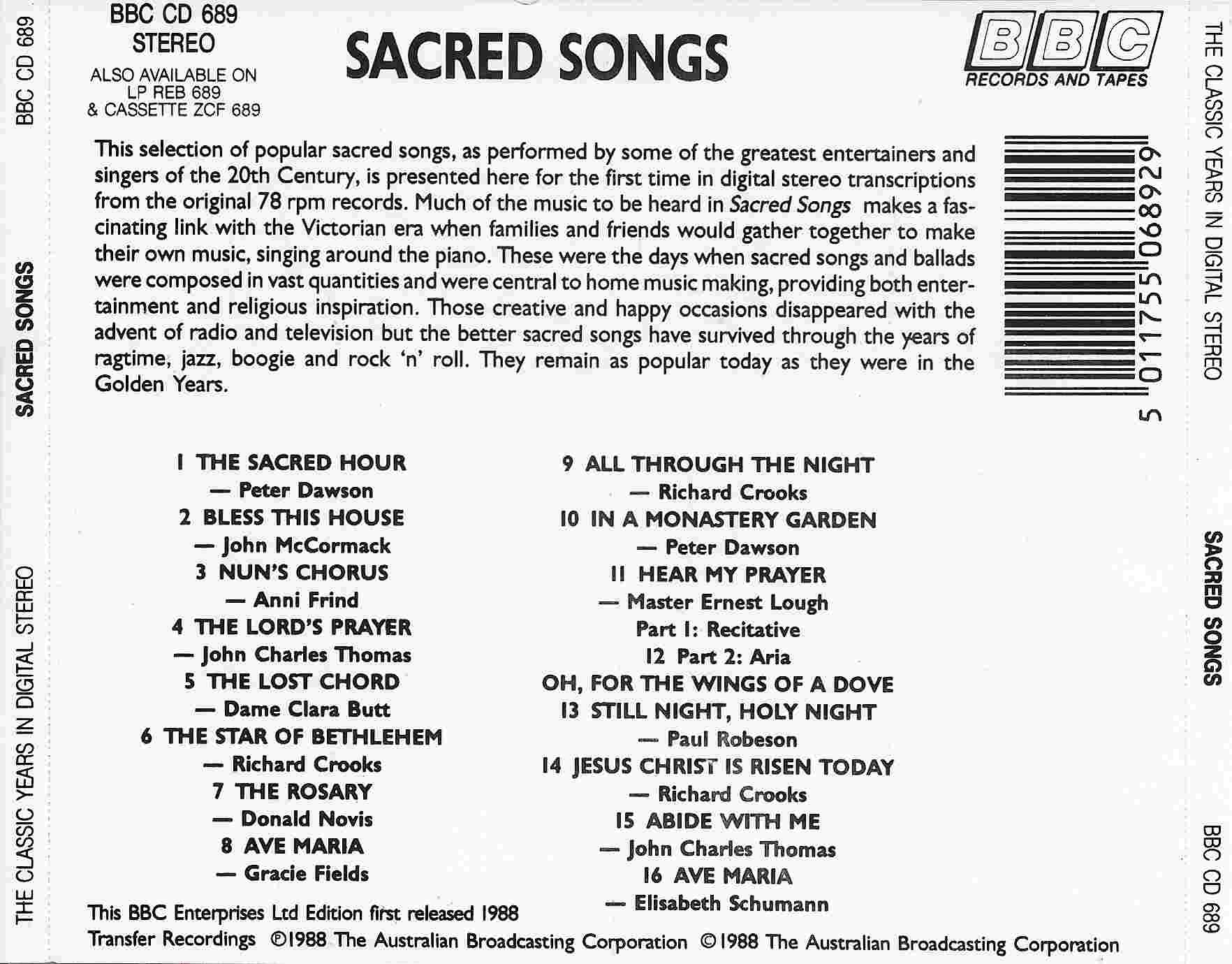 Picture of BBCCD689 Songs for a sacred season by artist Unknown from the BBC records and Tapes library